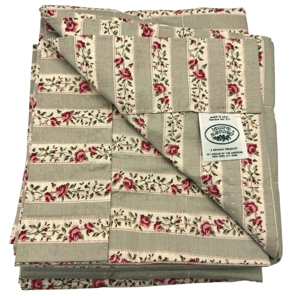 Pair Vintage Laura Ashley Cottage Rose Floral Stripe Valance Sage Green 82
